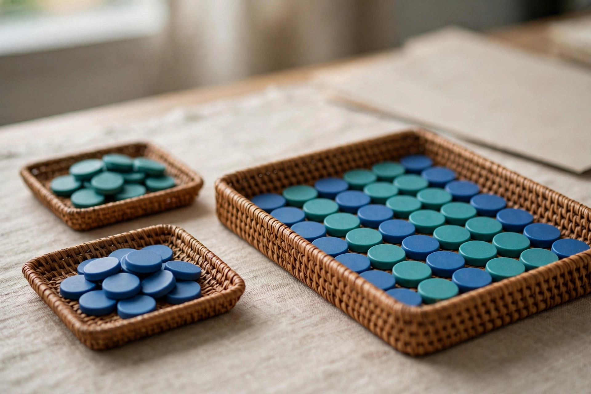 Three woven baskets on a table, two containing separate piles of blue and teal tokens, and one larger basket holding a neat arrangement of both colors.