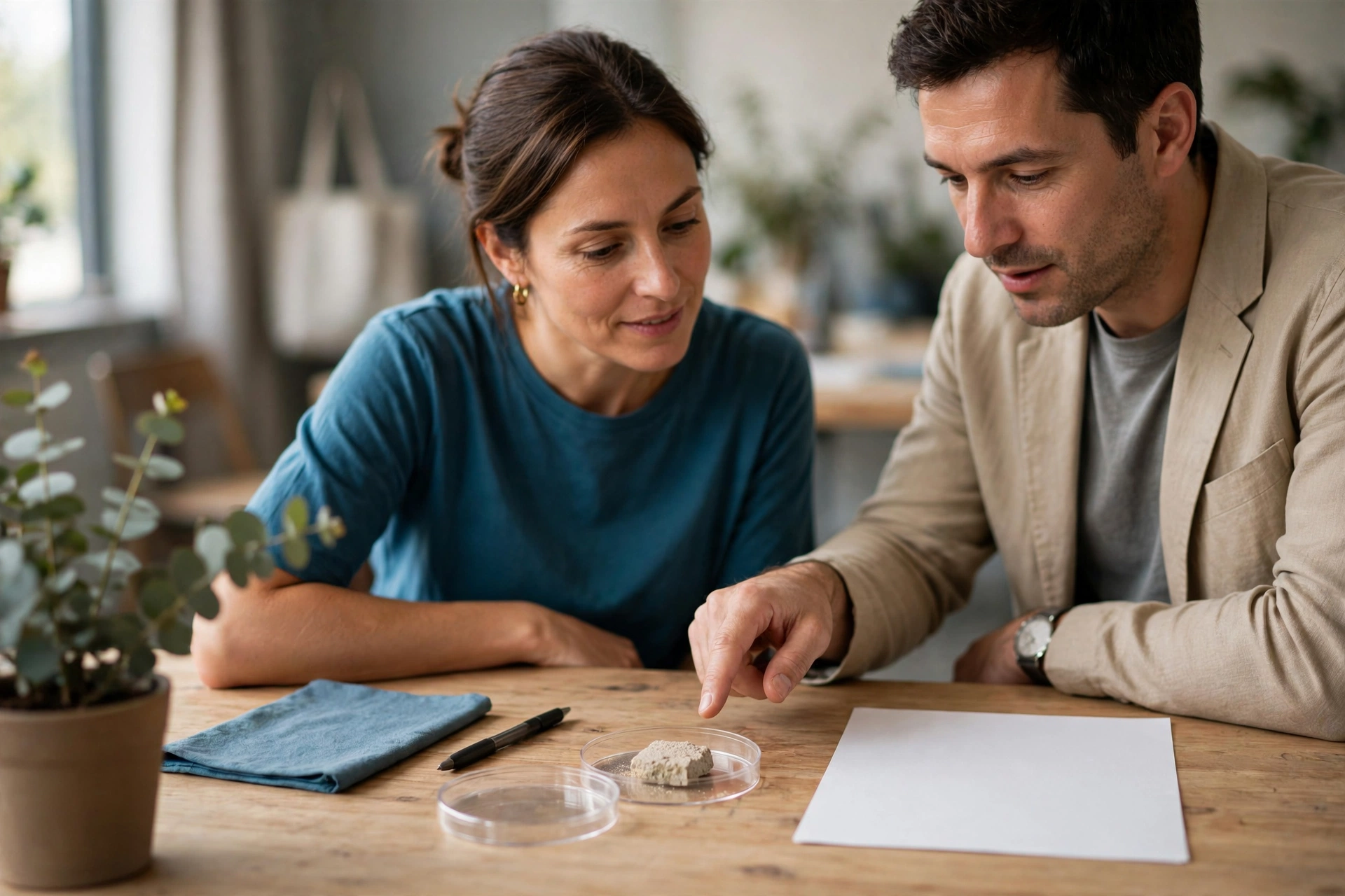 A man points to a sample in a petri dish while a woman looks on, both seated at a table in a workshop.