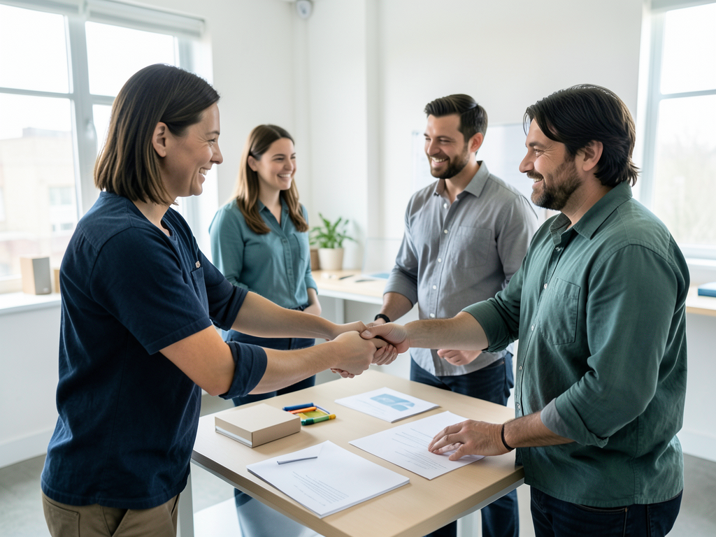 Two men and two women in a bright project room shake hands across a table, signifying a customer handoff.