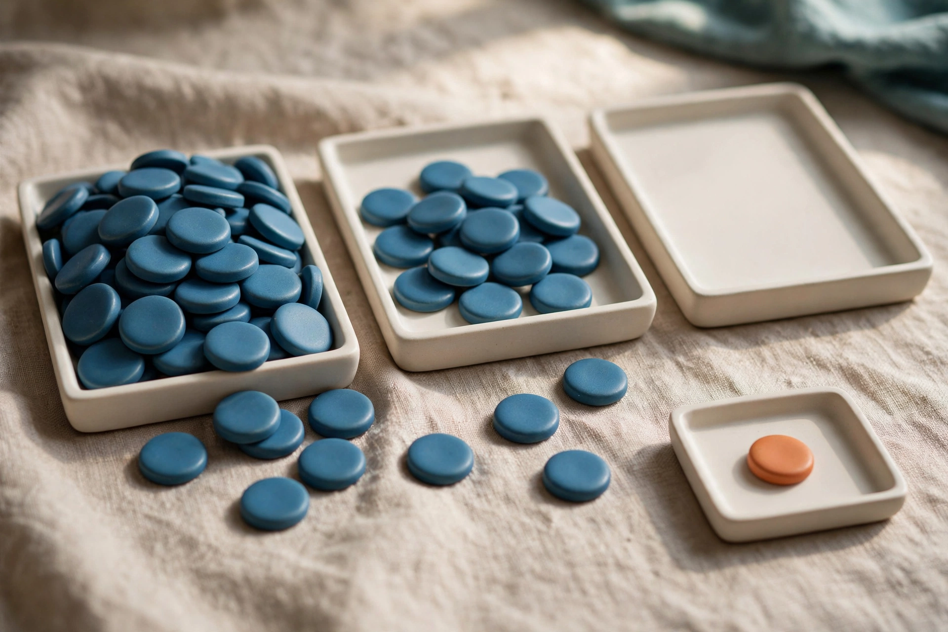 Three shallow trays hold blue tokens, with one tray containing an orange token, arranged on a textured surface.