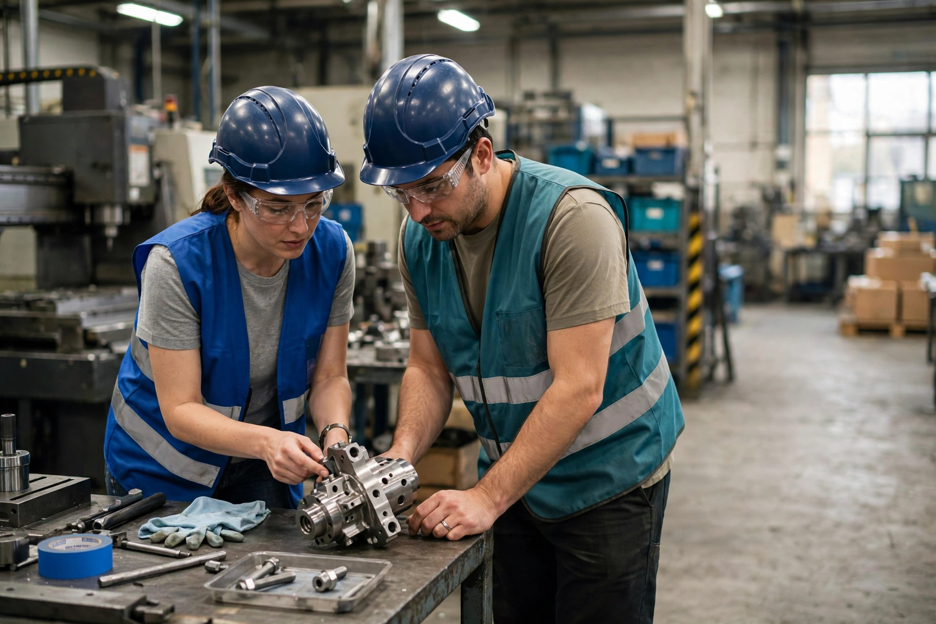 Two colleagues wearing hard hats and safety glasses inspect a metal component in a factory work cell.