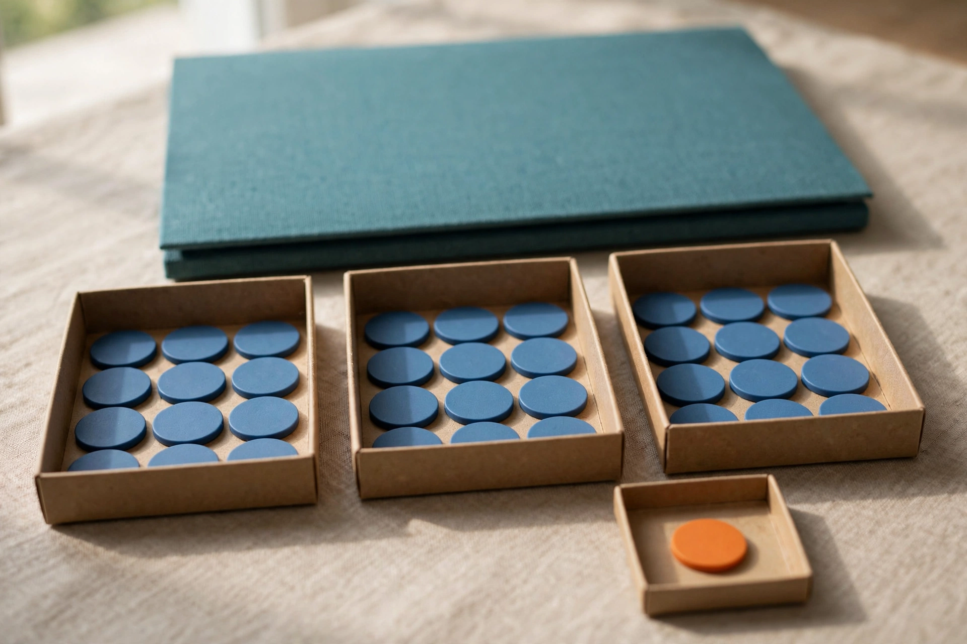 Blue tokens are arranged in three trays, with one orange token in a smaller tray, and a closed teal folder behind them.