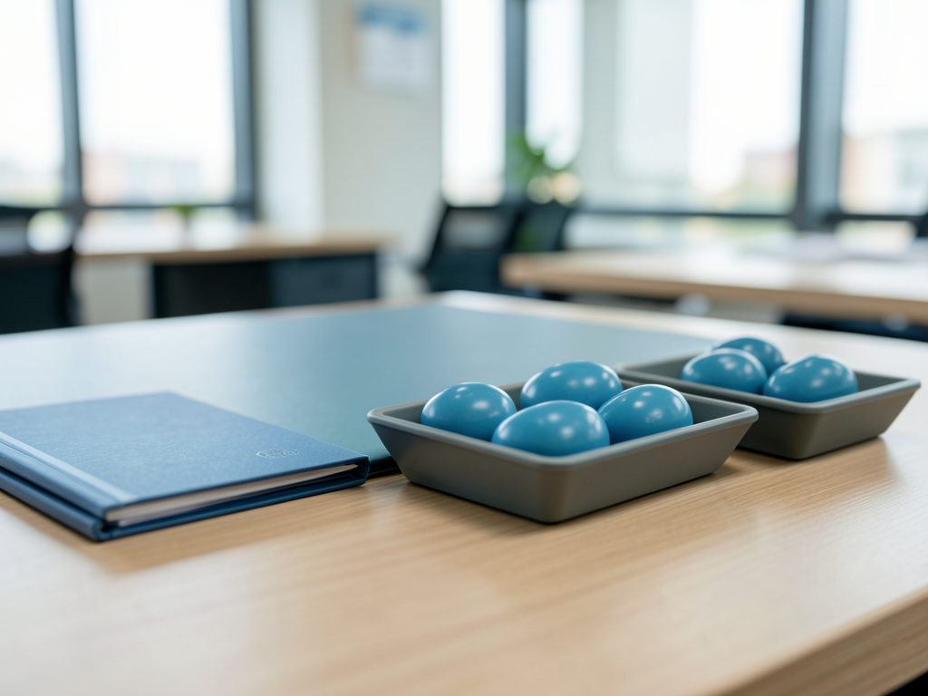 A blue notebook and two trays of blue tokens are arranged on a wooden desk in a blurred office setting.