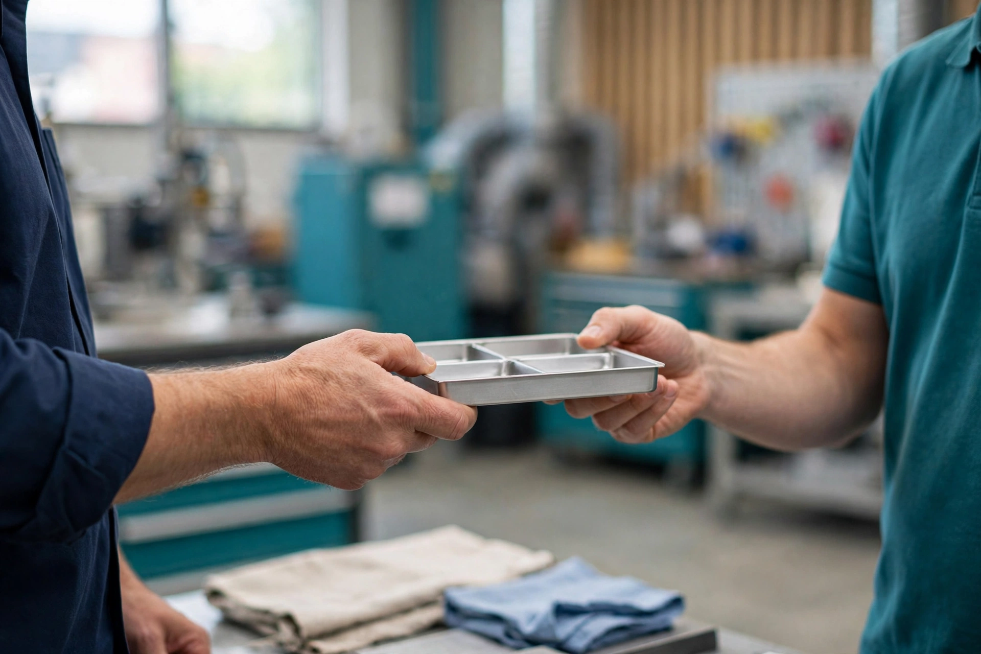 A plant operations colleague hands a metal sample tray to a customer-facing teammate in a bright manufacturing workshop.
