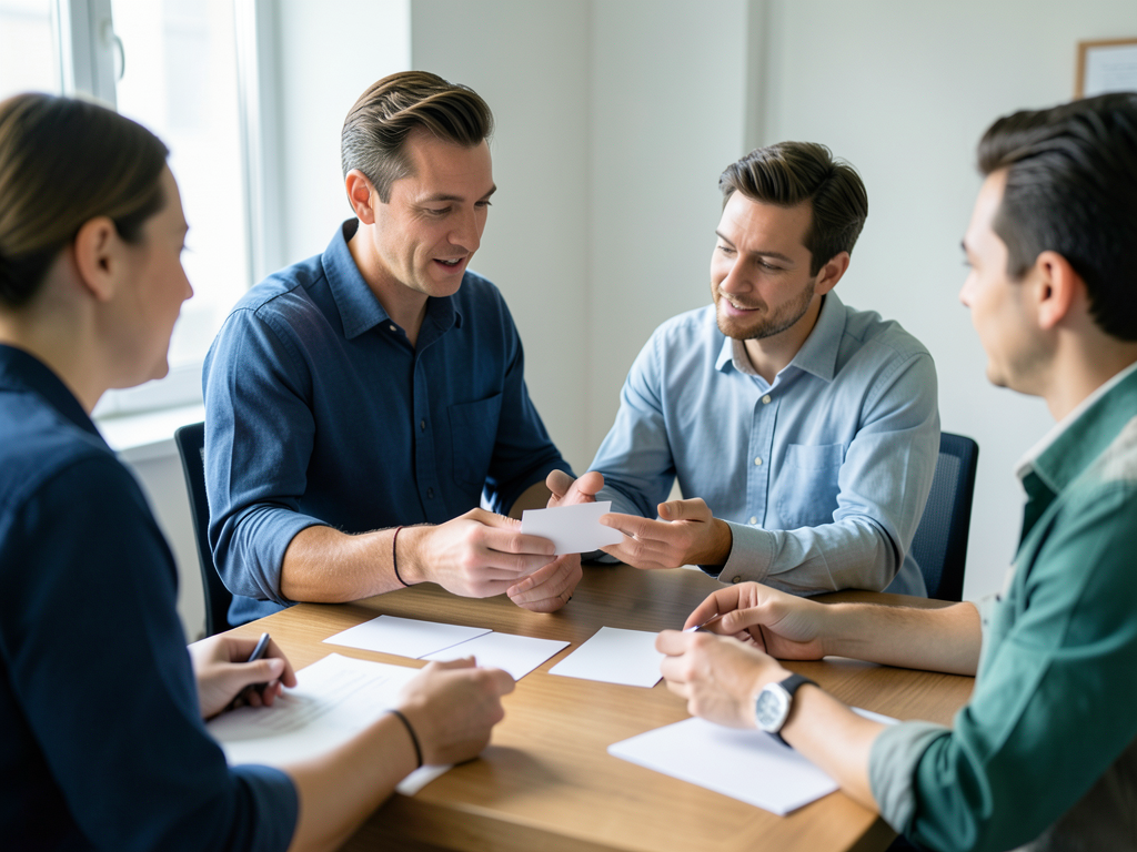 A delivery manager shows project cards to two consultants while a fourth person takes notes at a table in a bright studio.