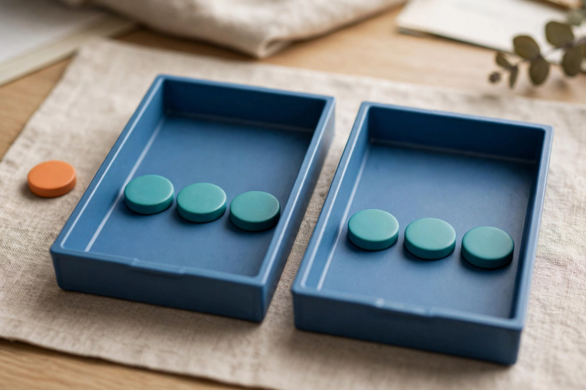 Two blue sorting trays contain teal tokens, with an orange token placed outside one tray on a neutral cloth.