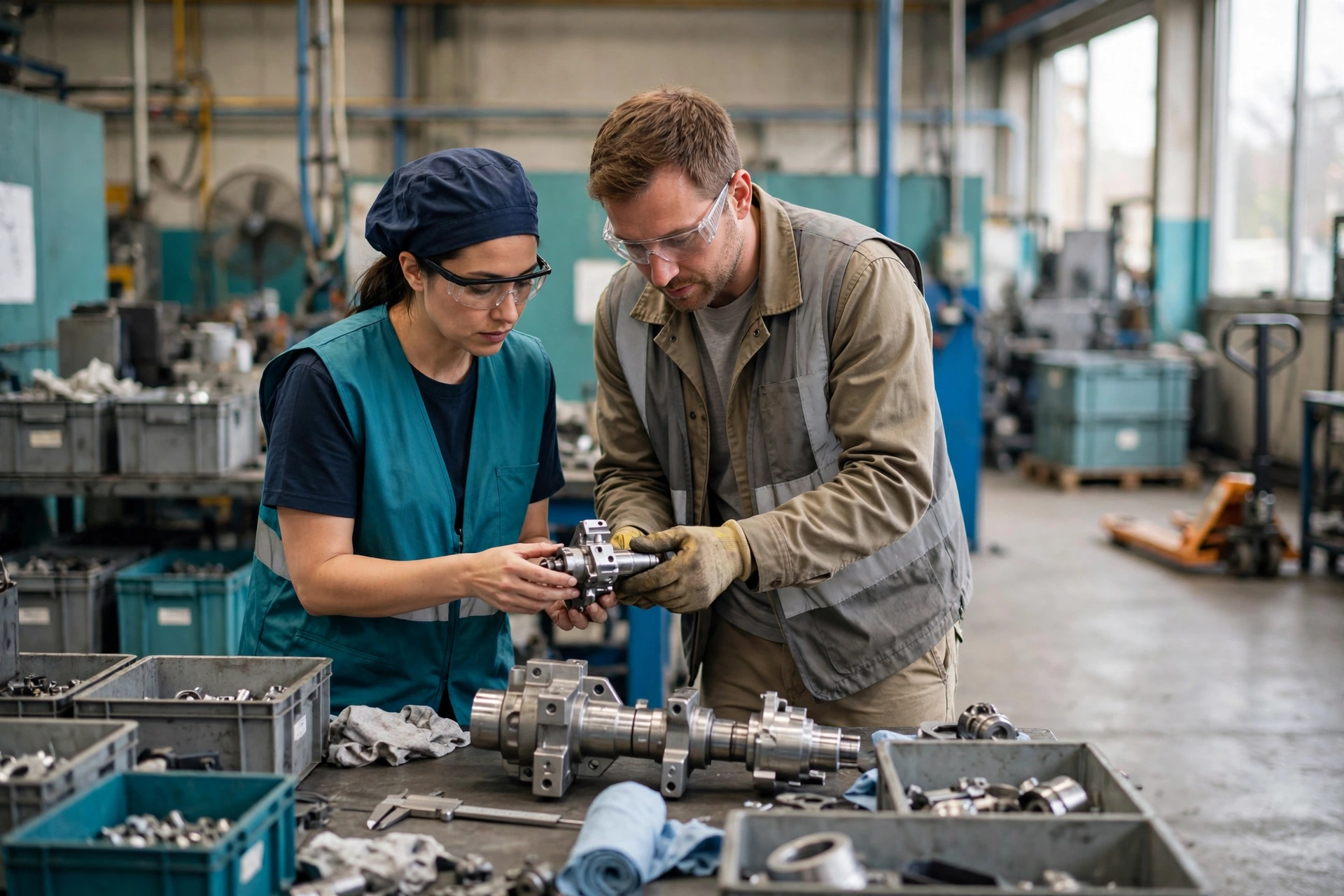 A man and woman in safety glasses and work vests inspect a metal component in a factory setting.