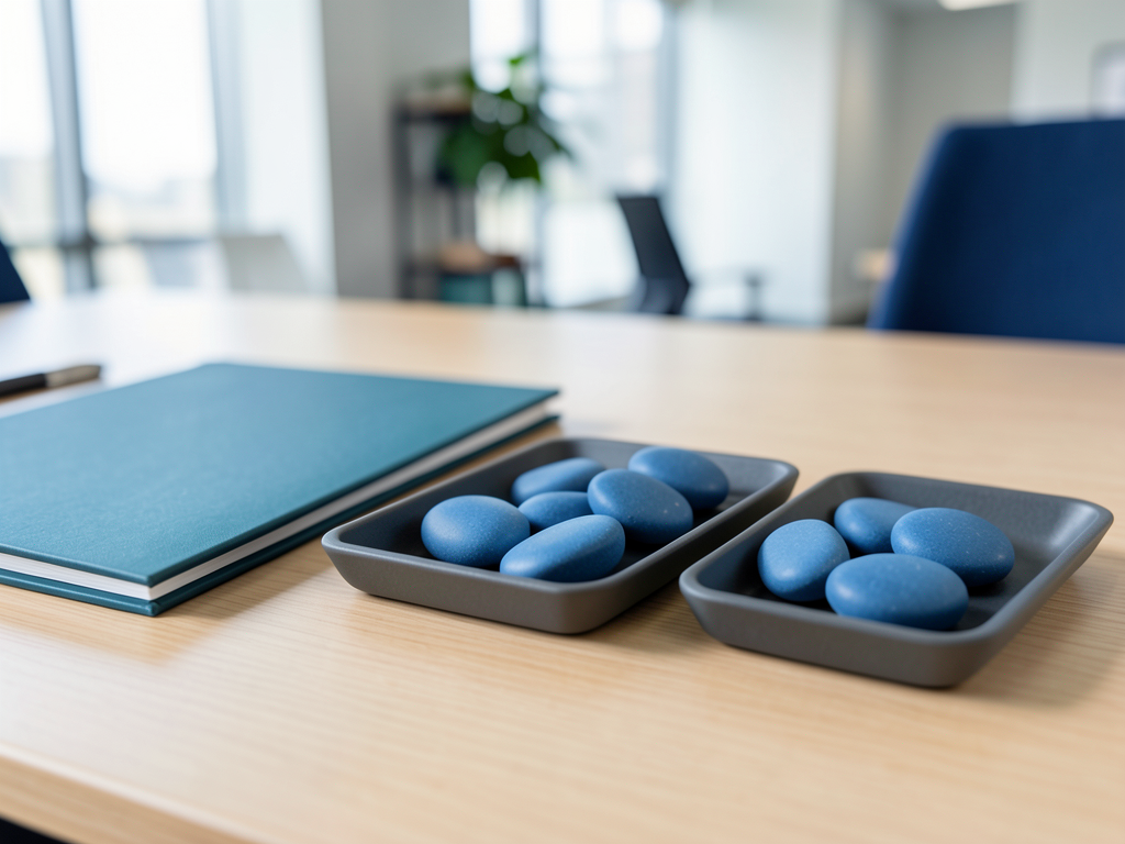 A close-up of blue tokens arranged in shallow trays on a wooden desk next to a teal notebook.