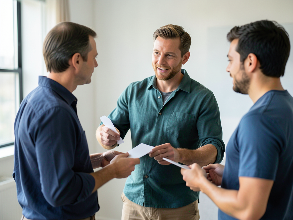 Three men stand in a bright studio, engaged in a discussion while holding and examining blank white cards.