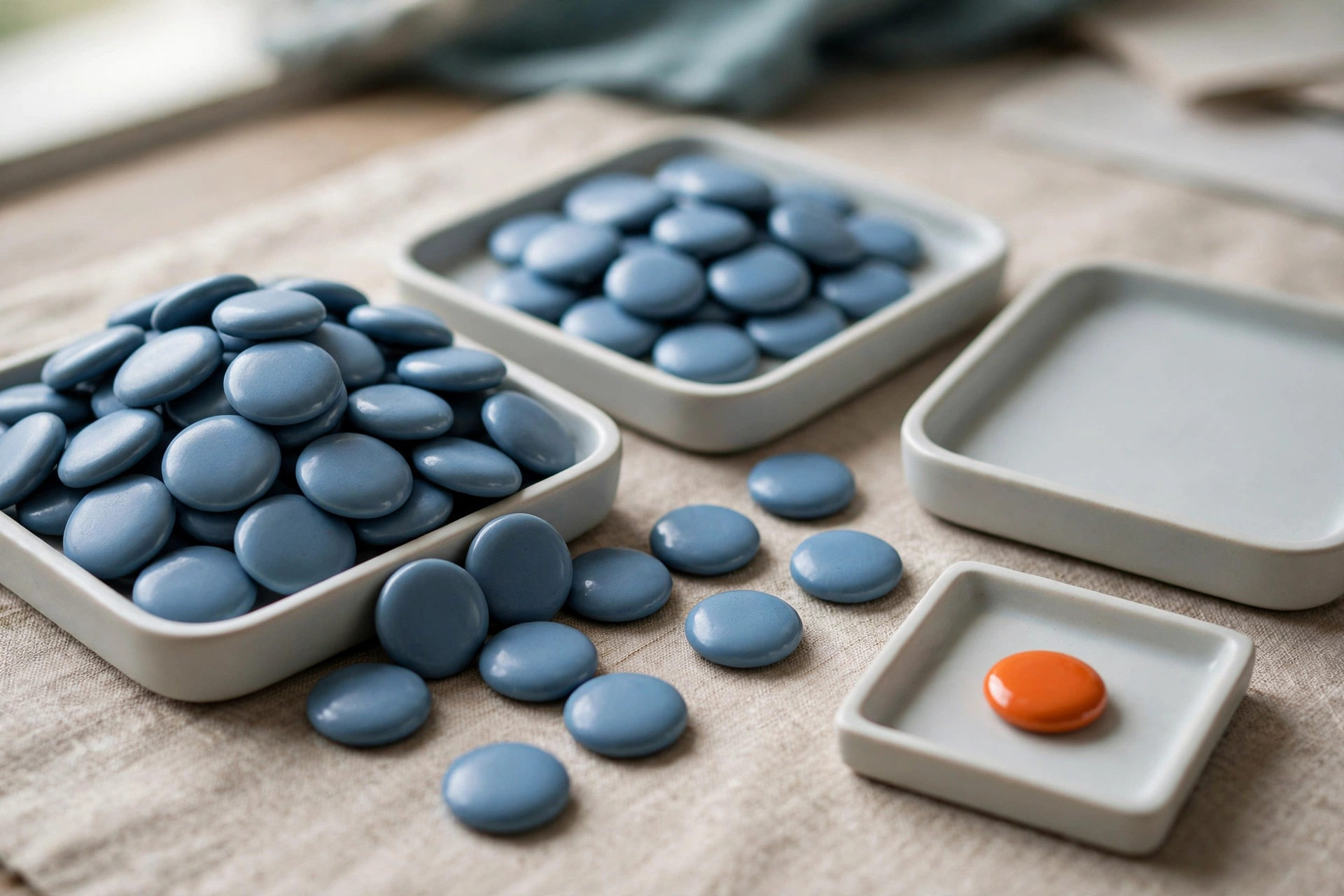Three shallow trays hold blue tokens, with one tray containing an orange token, arranged on a textured surface.