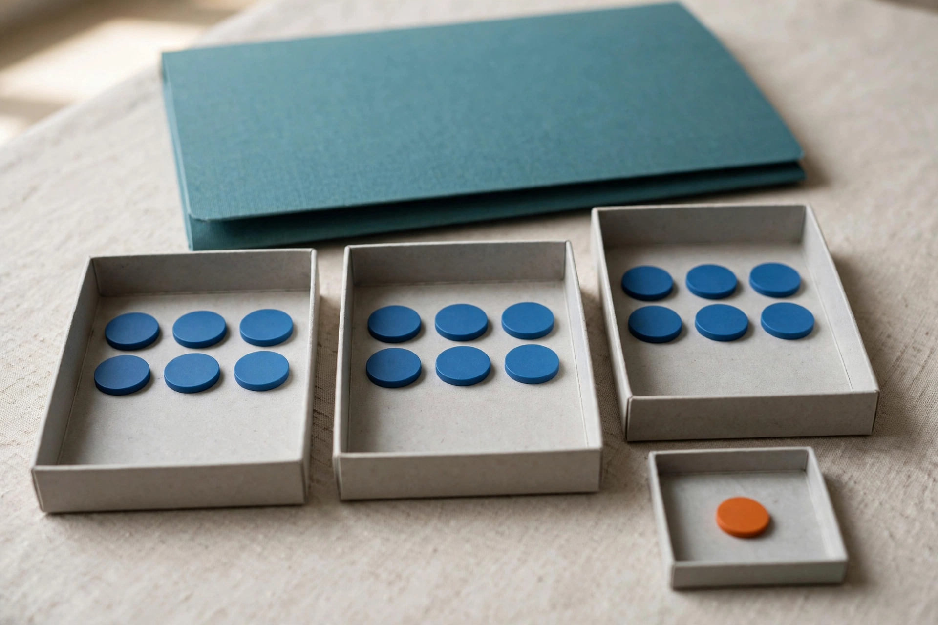 Blue tokens are distributed in three trays, with one orange token in a separate small tray, and a teal folder behind.