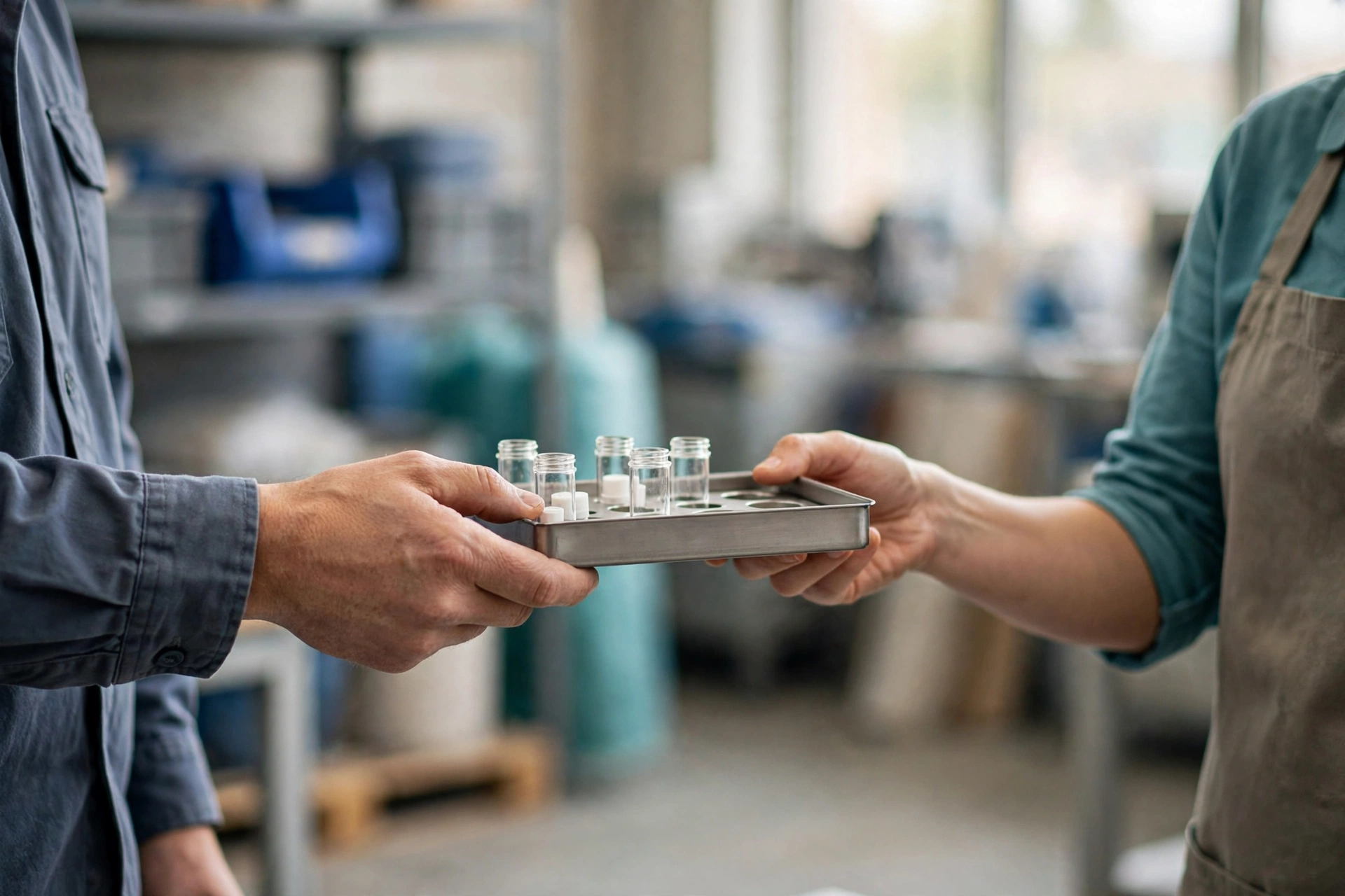 A plant operations colleague hands a sample tray with vials to a customer-facing teammate in a manufacturing workshop.