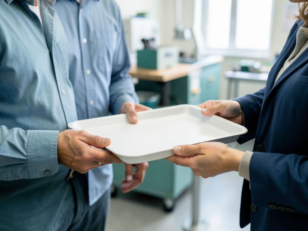 A plant operations colleague in a blue shirt hands a white sample tray to a customer-facing teammate in a blue suit in a manufacturing workshop.