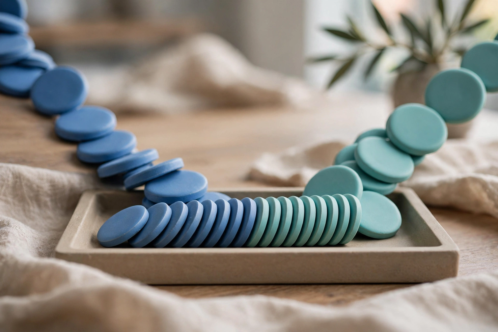 Two streams of blue and teal ceramic tokens converge into one ordered row in a shallow sorting tray on a wooden surface.