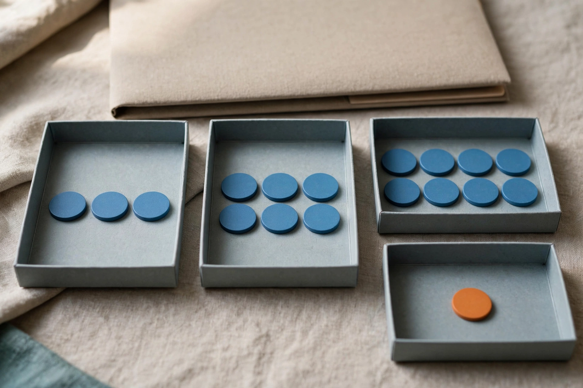 Three shallow office trays with blue tokens progress from left to right, with a fourth tray holding a single orange token to the right.