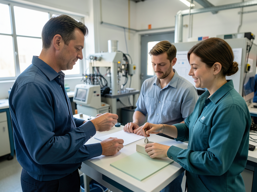 A man and two women examine small parts at a table in a clean manufacturing facility with machinery in the background.
