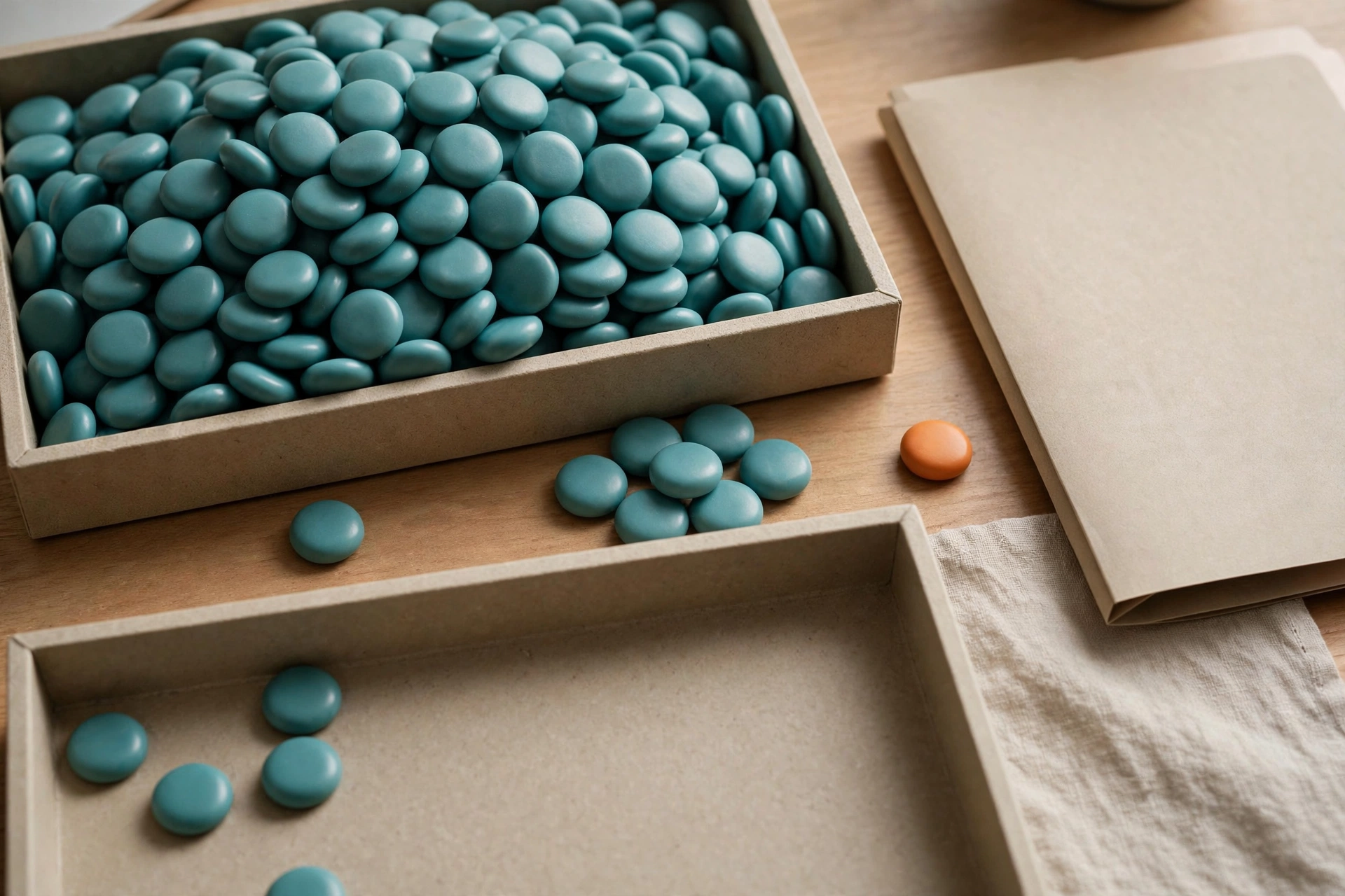 Teal tokens fill one tray, with a few tokens between two trays and an orange token beside a folder.