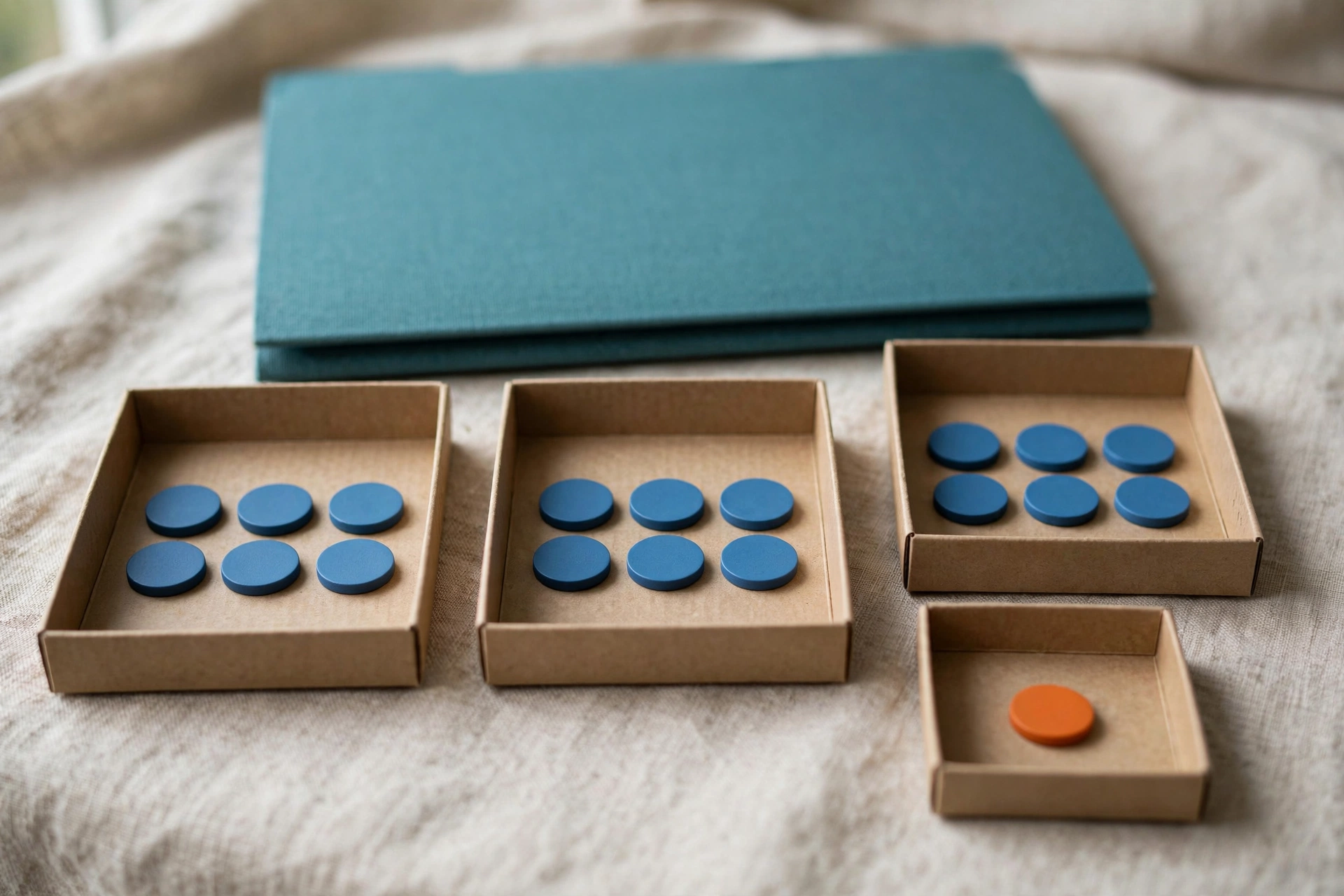 Blue tokens are distributed in three trays, and one orange token is in a small tray, with a teal folder behind.