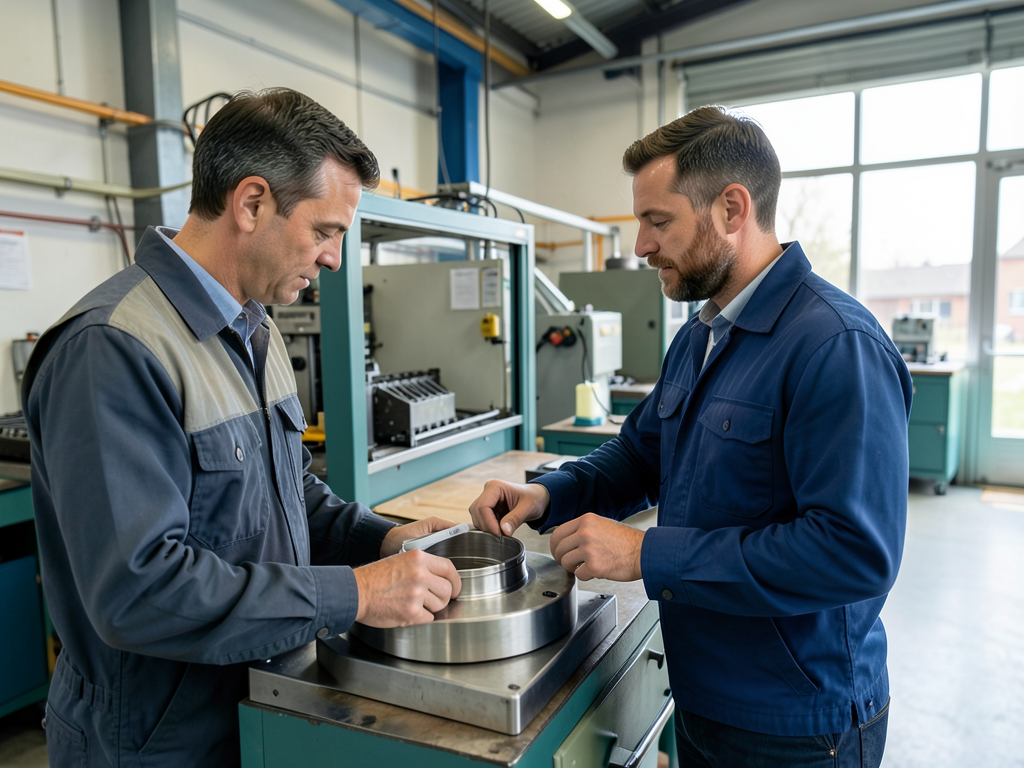 Two men in a factory work cell inspect a metal component, with one man using a measuring tool.