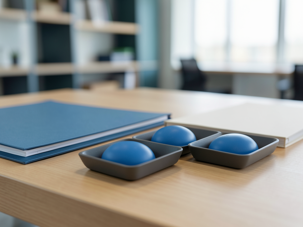 Blue tokens in trays and folders are arranged on a wooden desk in a blurred office setting.