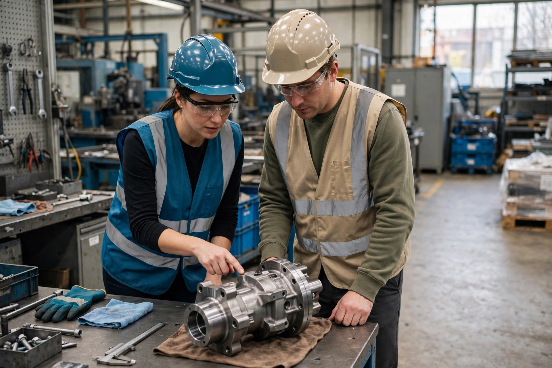 A woman in a blue hard hat and vest points to a metal component on a table while a man in a tan vest looks on in a factory setting.