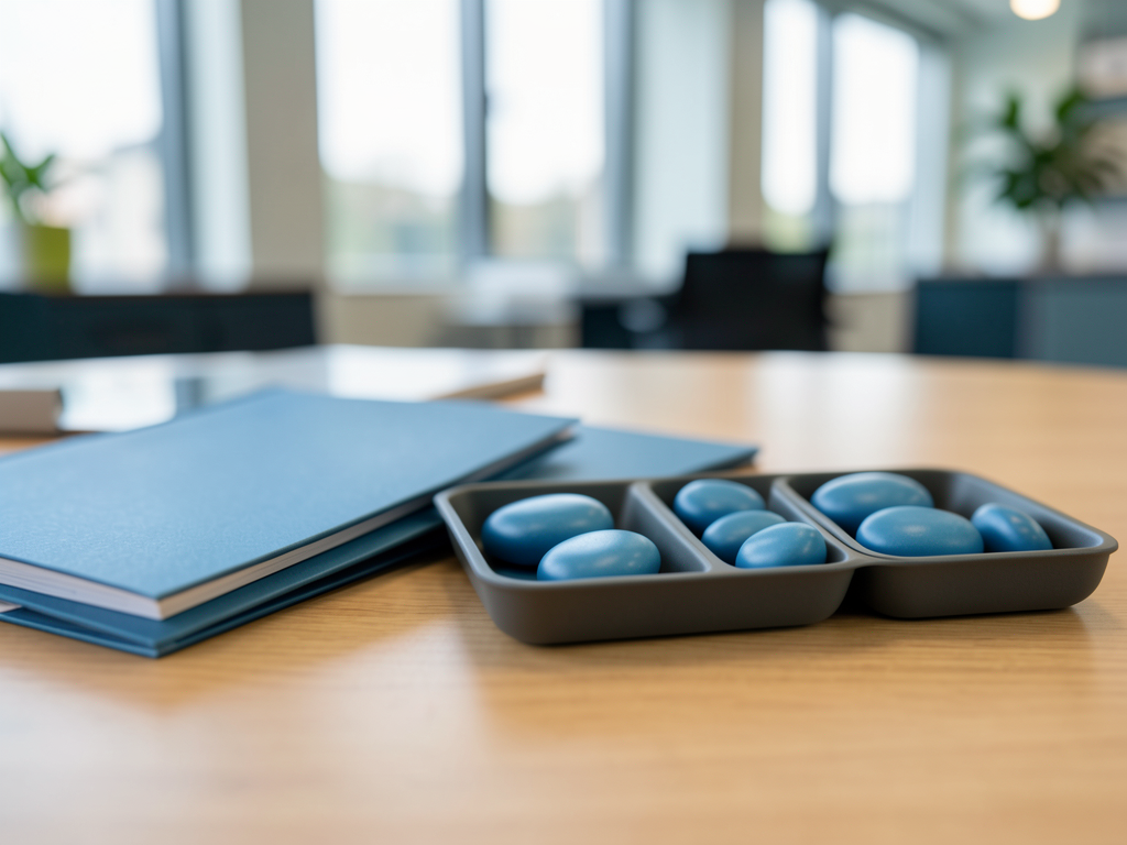 Blue tokens are arranged in trays on a wooden table next to stacked blue notebooks in a blurred office setting.