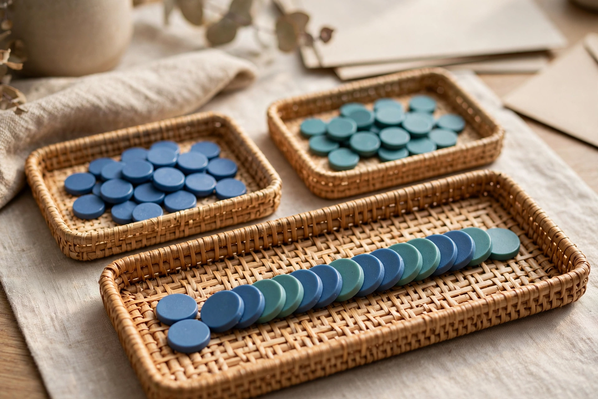 Three woven trays hold blue and teal tokens, with one tray showing a neat sequence of both colors combined.