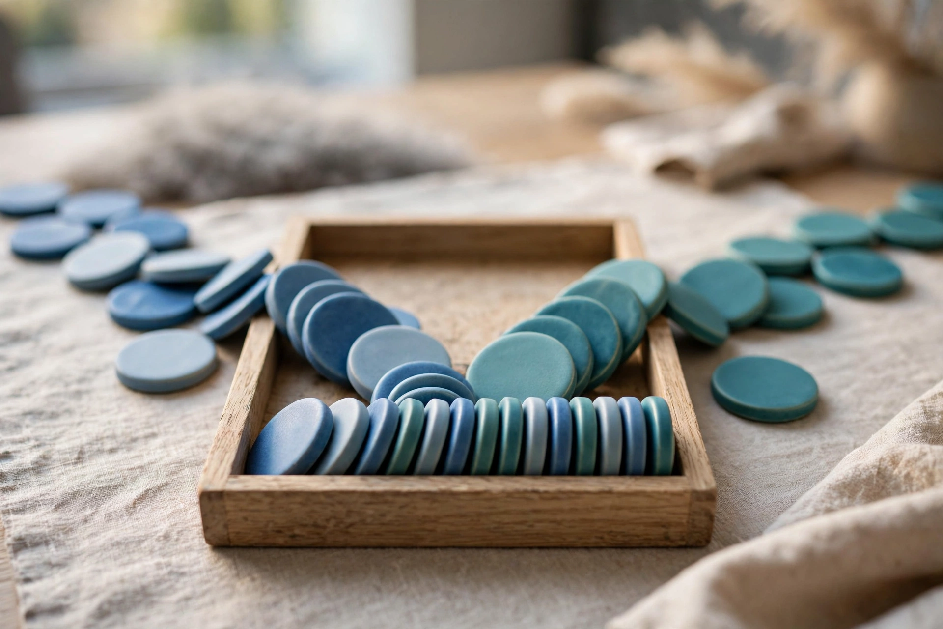 Two streams of blue and teal ceramic tokens converge into one neat ordered row inside a central shallow sorting tray.