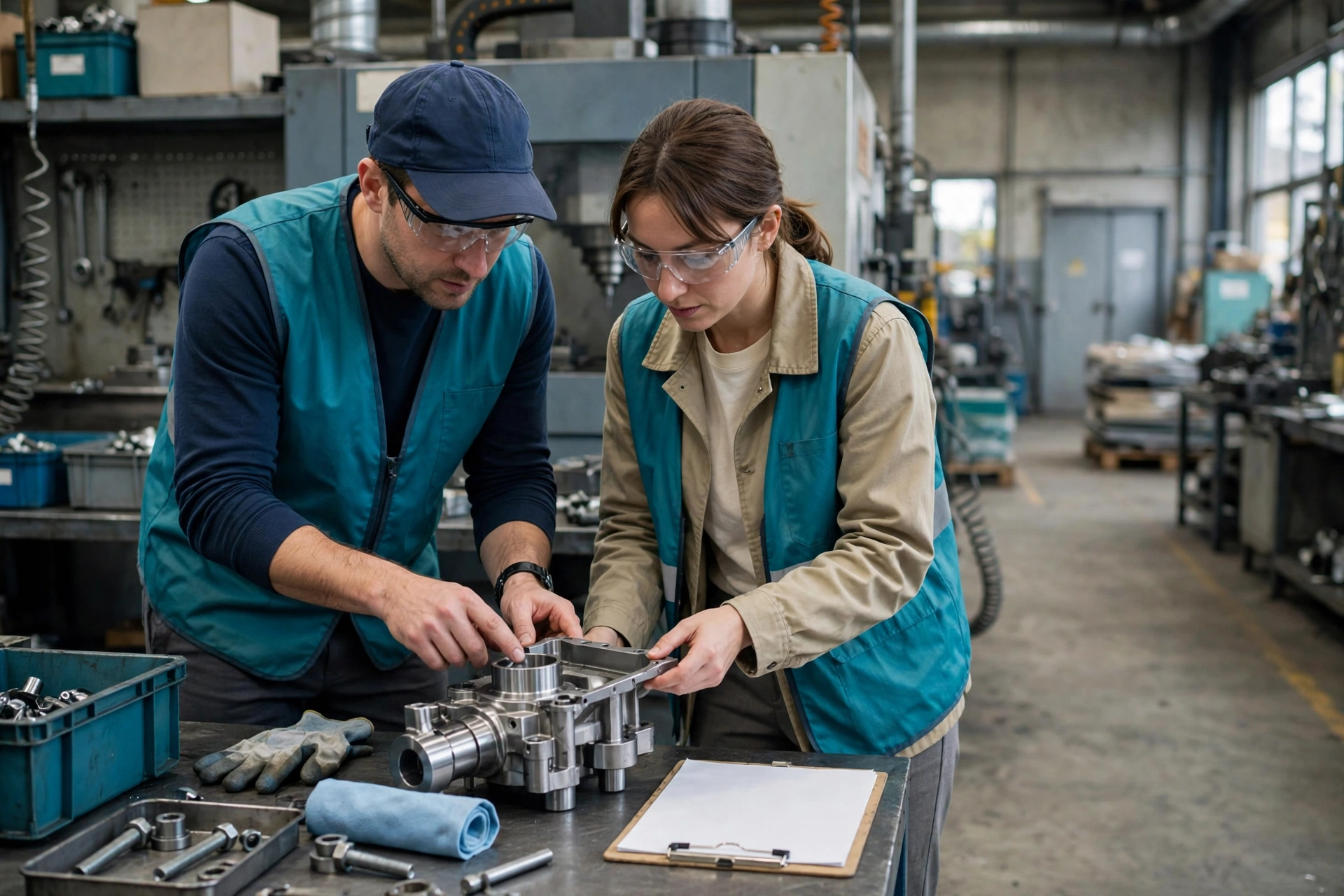 A man wearing a blue cap and safety glasses inspects a metal component with a woman in a tan jacket and safety glasses in a factory work cell.