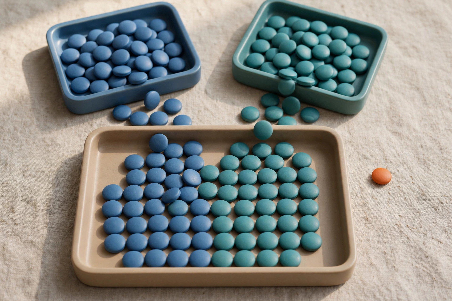 Two square trays of blue and teal tokens converge into a single larger tray, with one orange token beside it.