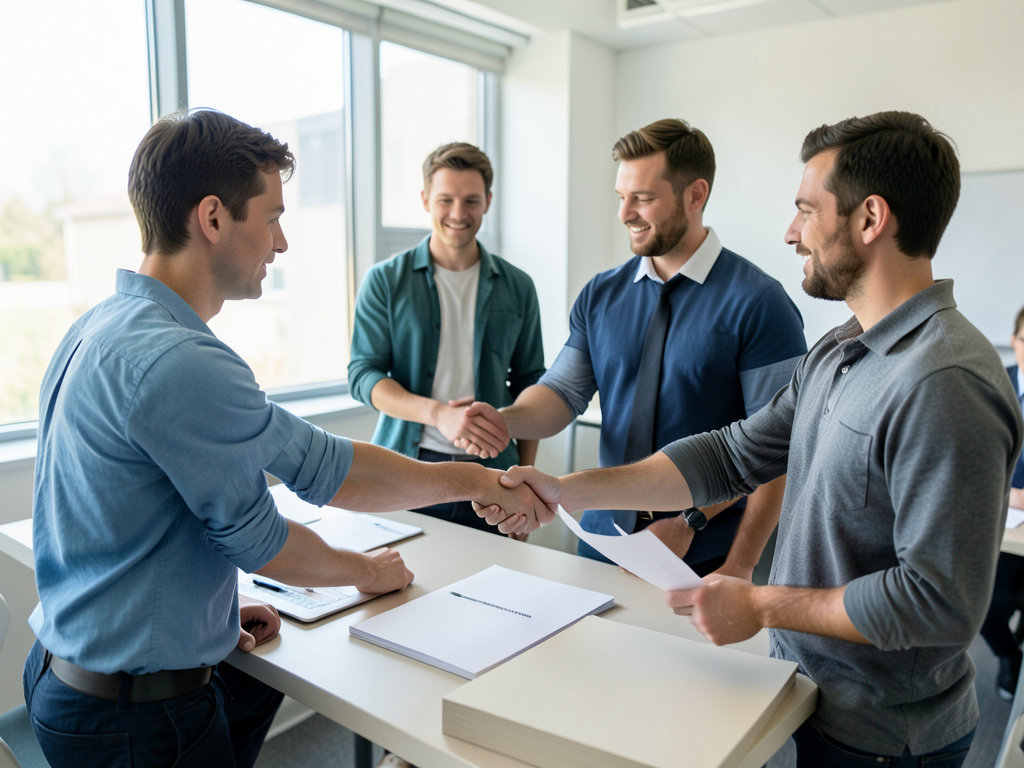 Four men in a bright room shake hands over a table, signifying a successful client handoff and professional services collaboration.