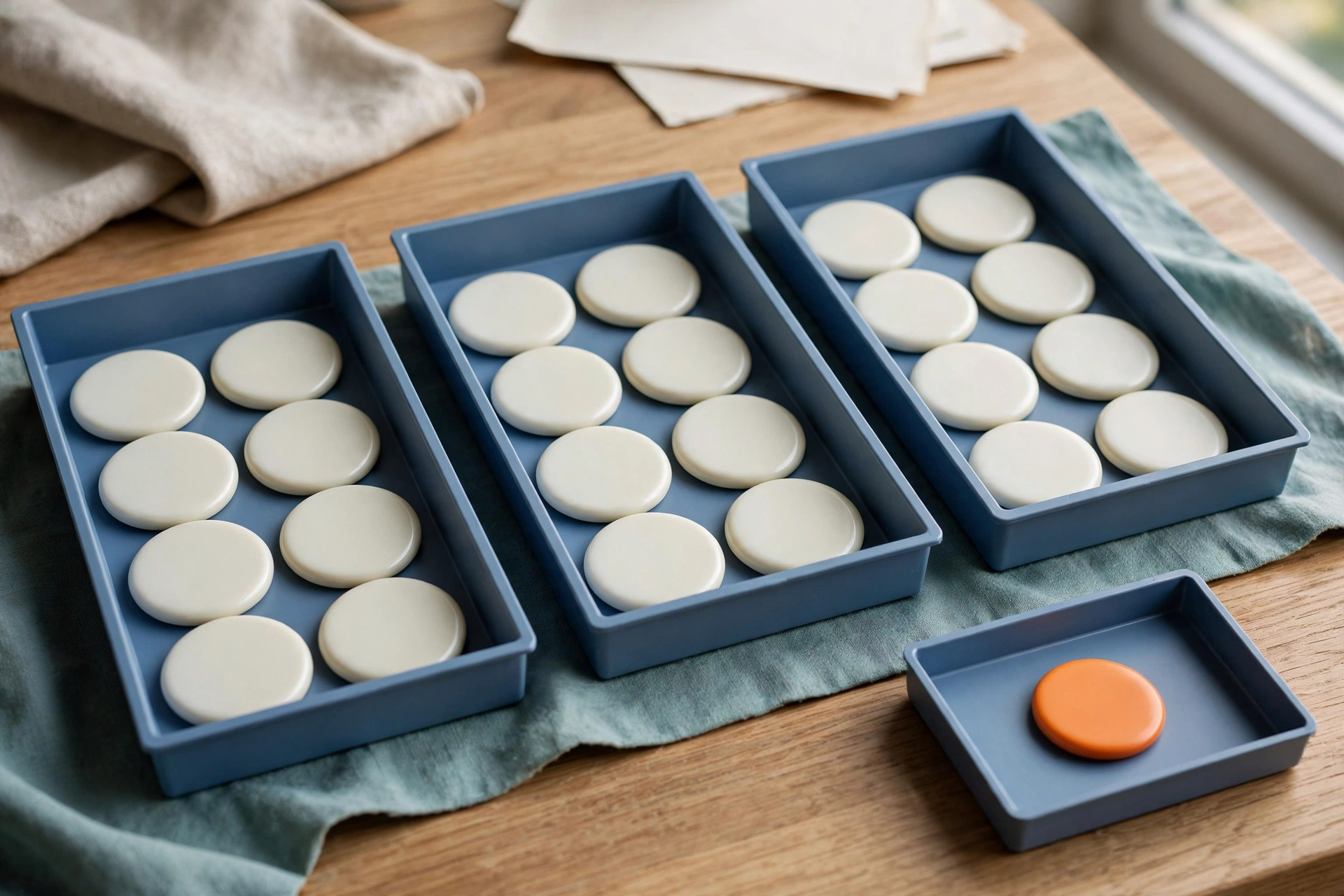 Three blue trays hold white tokens, and a fourth blue tray holds a single orange token on a wooden desk.