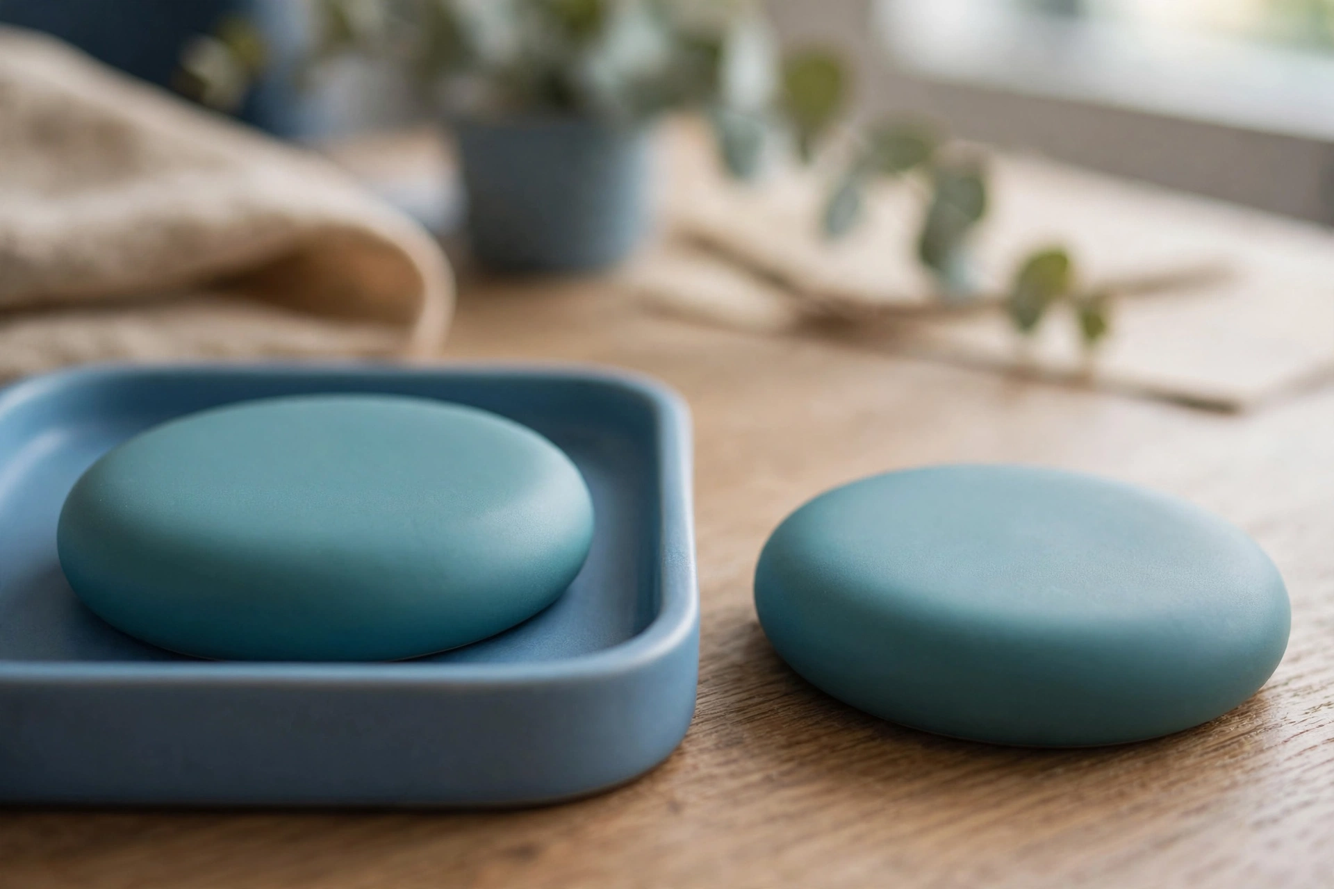 Two identical smooth teal ceramic discs are placed side by side on a wooden desk, with one disc inside a shallow blue tray.