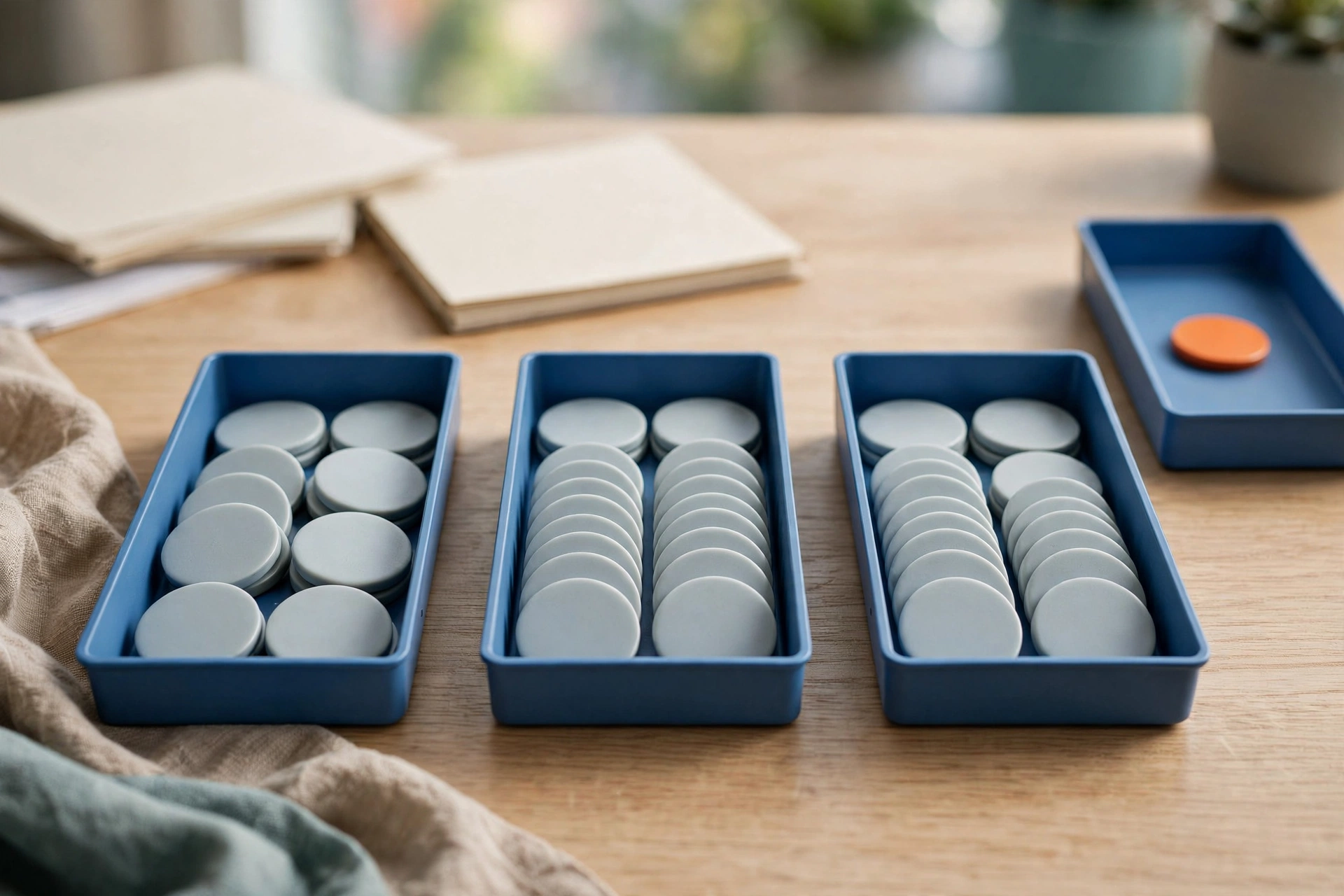 Three blue trays hold stacks of blank tokens, with a fourth blue tray containing a single orange token on a wooden desk.