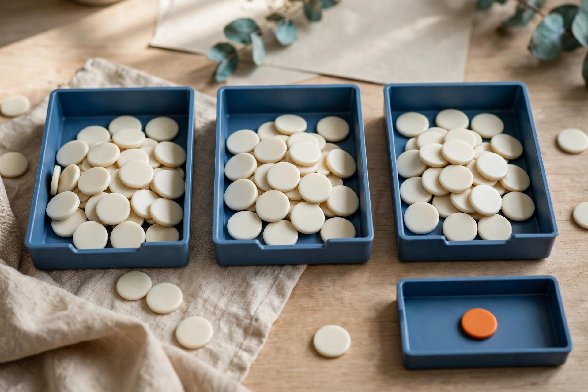 Three blue trays filled with white tokens are arranged in a sequence, with a fourth blue tray containing a single orange token.
