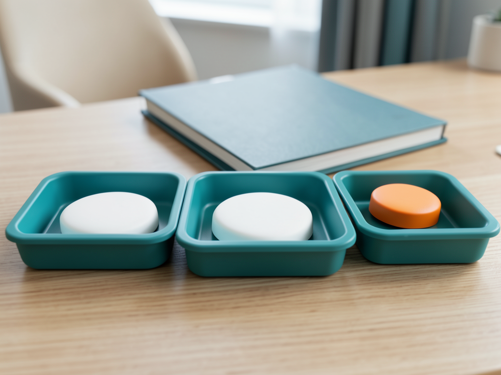 Three teal sorting trays with blank tokens are arranged on a desk, with one orange token in the last tray.