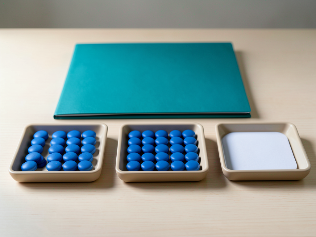 Three shallow trays with blue tokens and a teal folder are arranged on a wooden desk.