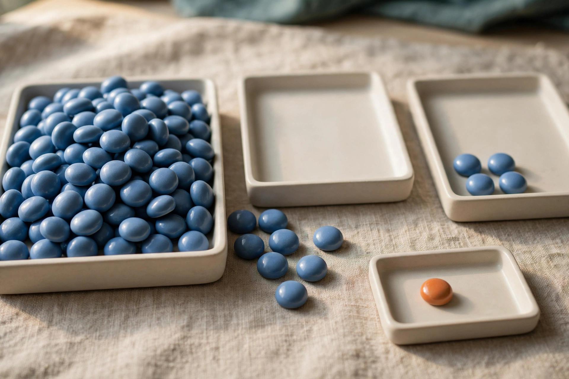 Three shallow trays hold blue ceramic tokens, with one tray empty and another holding four tokens, next to a small tray with a single orange token.
