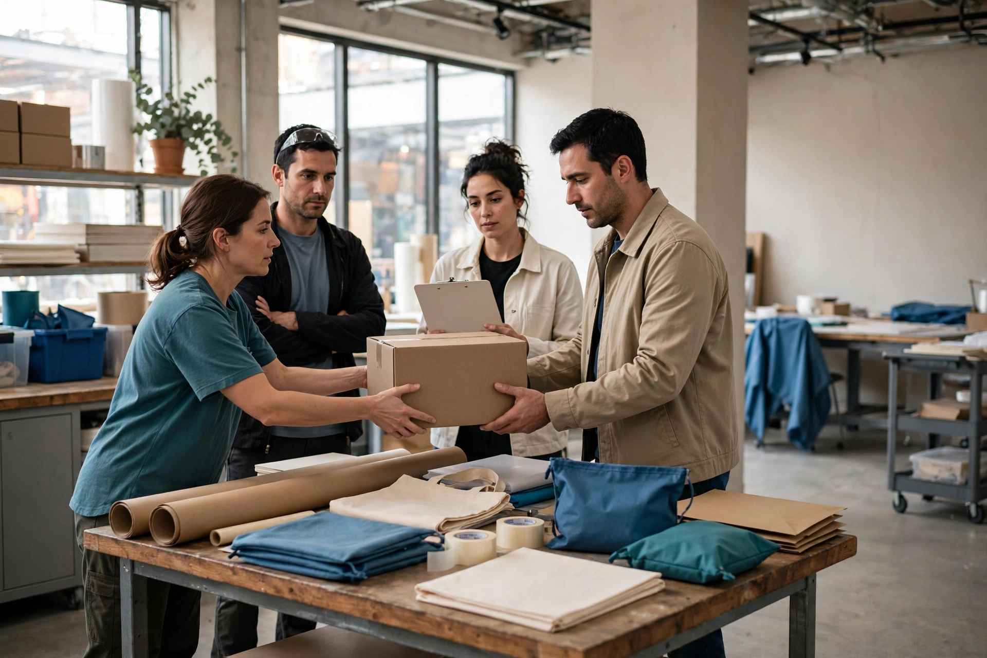 Four people in a studio coordinate a physical handoff of a cardboard box and materials on a table.