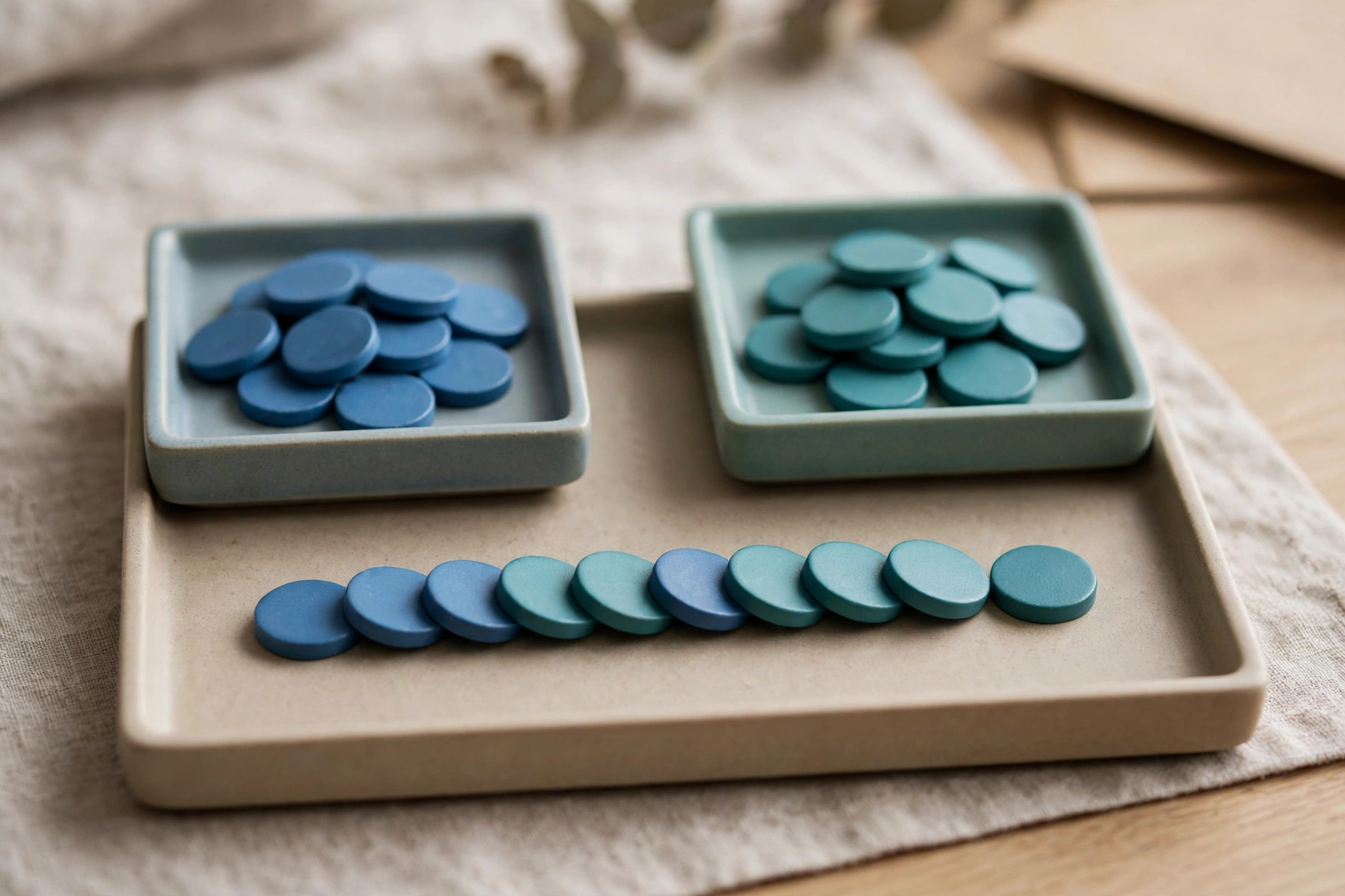 Two small trays of blue and teal tokens are shown, with a larger tray displaying a neat sequence of both colors, representing integration.