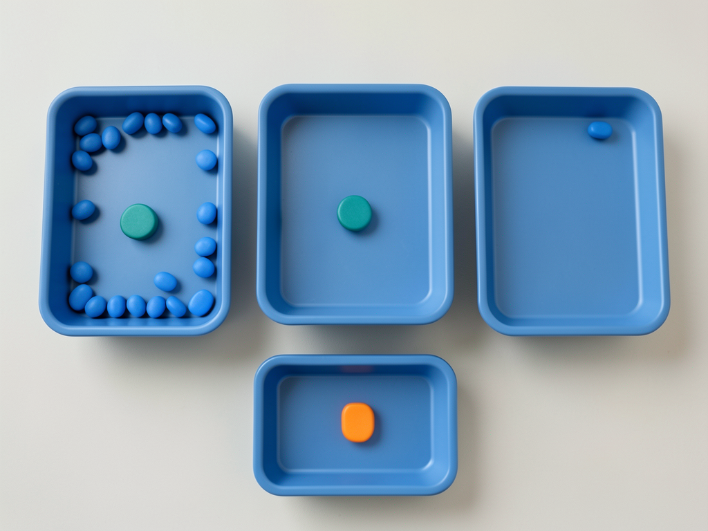 Three blue sorting trays in a row with blue tokens, and a fourth tray below with an orange token, on a white surface.