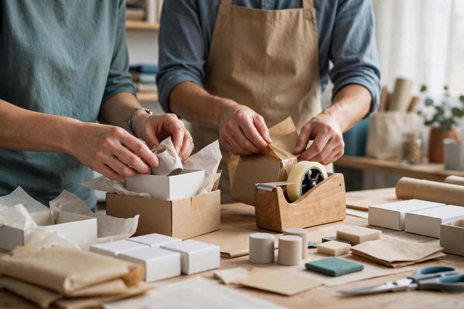 Two people are preparing small items in boxes with wrapping paper and tape in a studio setting.