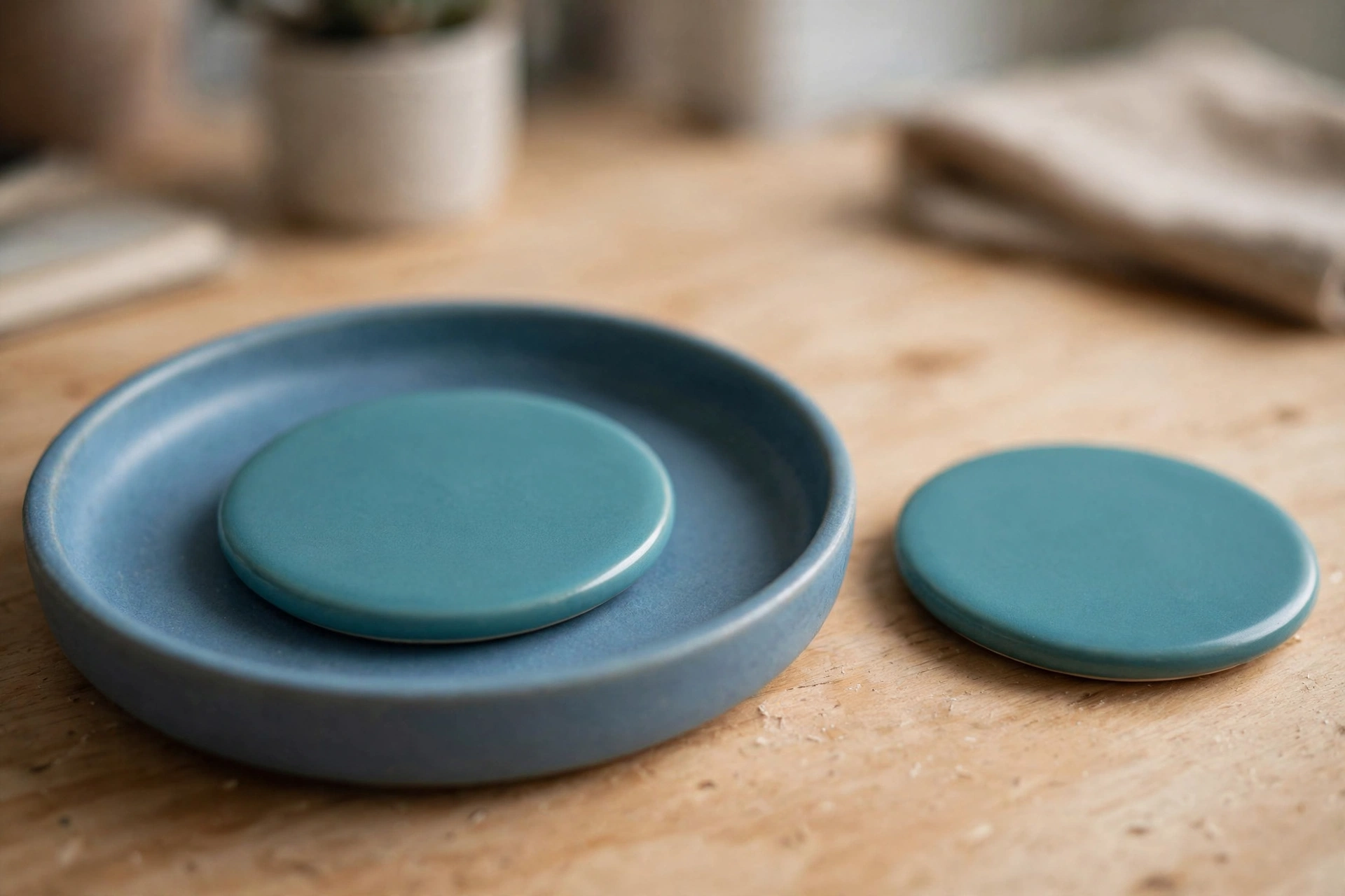 Two identical teal discs are shown on a wooden desk; one disc rests inside a blue tray, while the other sits separately outside the tray.
