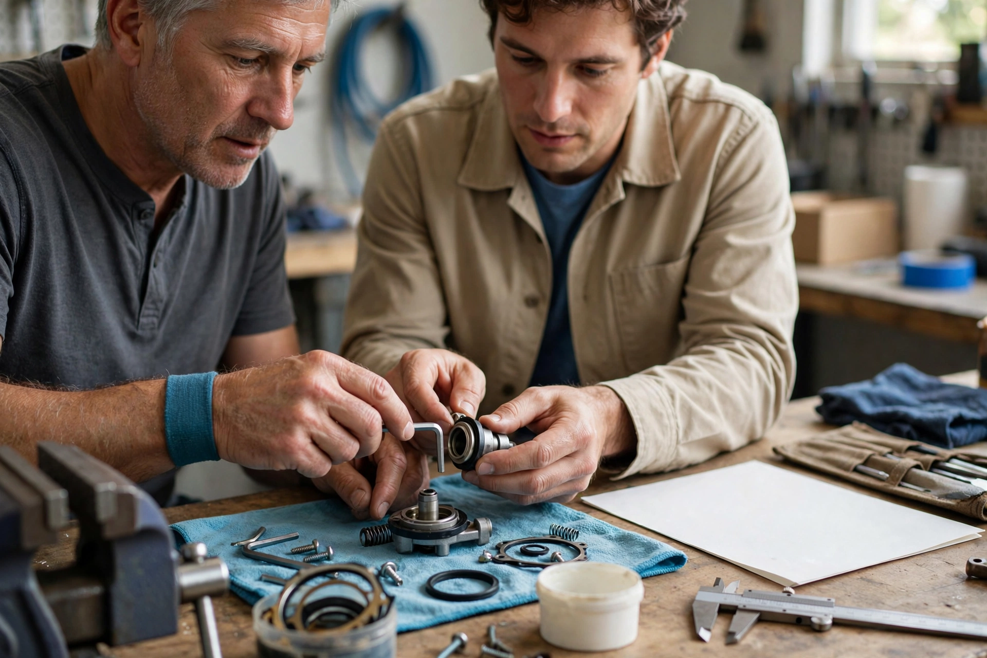 Two men are focused on assembling a mechanical part at a workbench in a workshop.