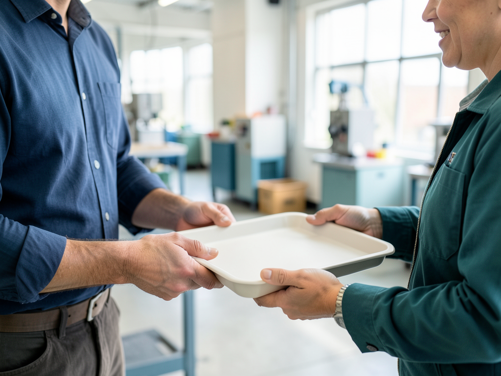 A man in a blue shirt hands a white tray to a woman in a green jacket in a manufacturing workshop.