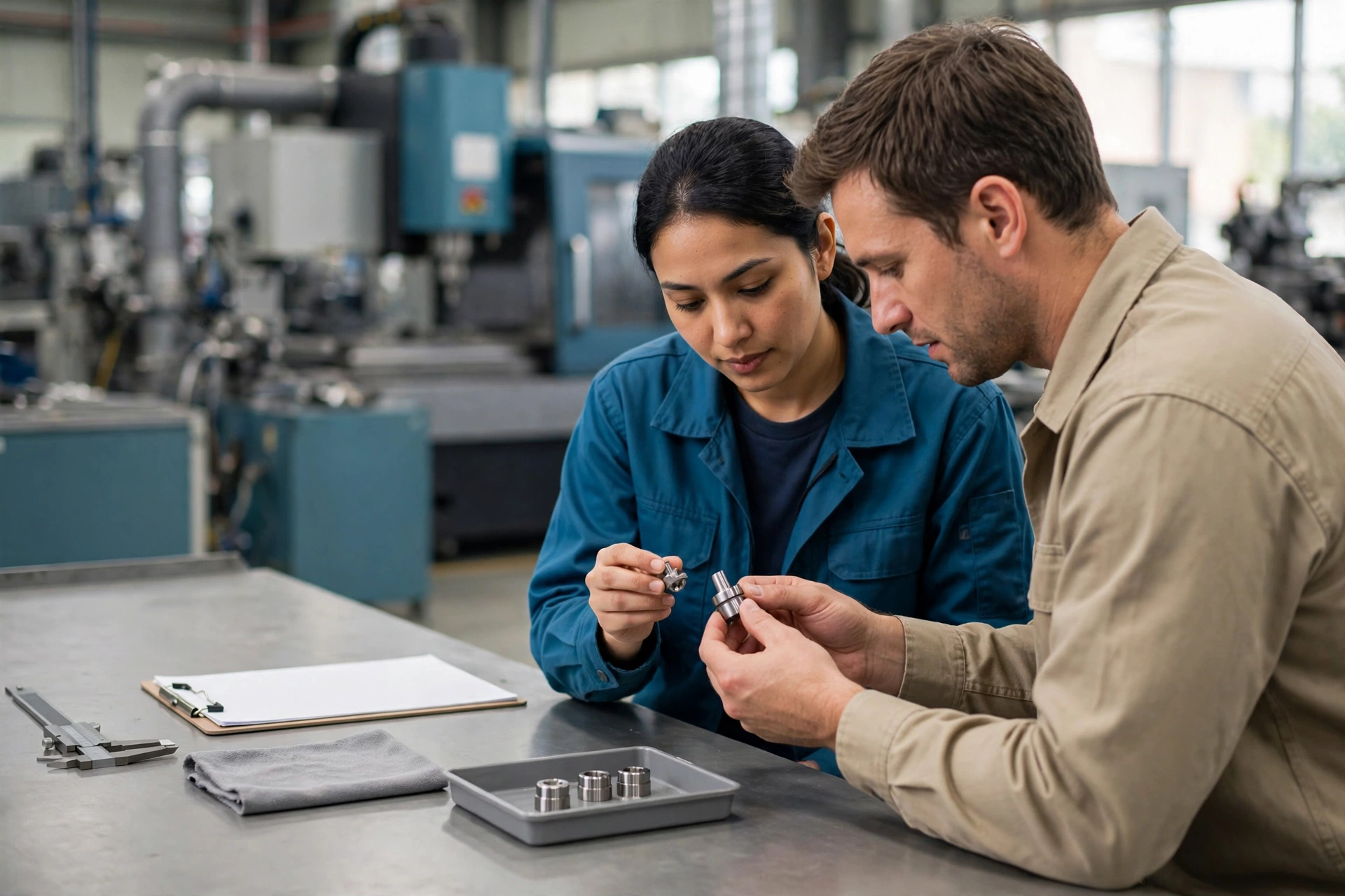 A man and a woman in work clothes examine small metal parts at a table in a manufacturing facility.