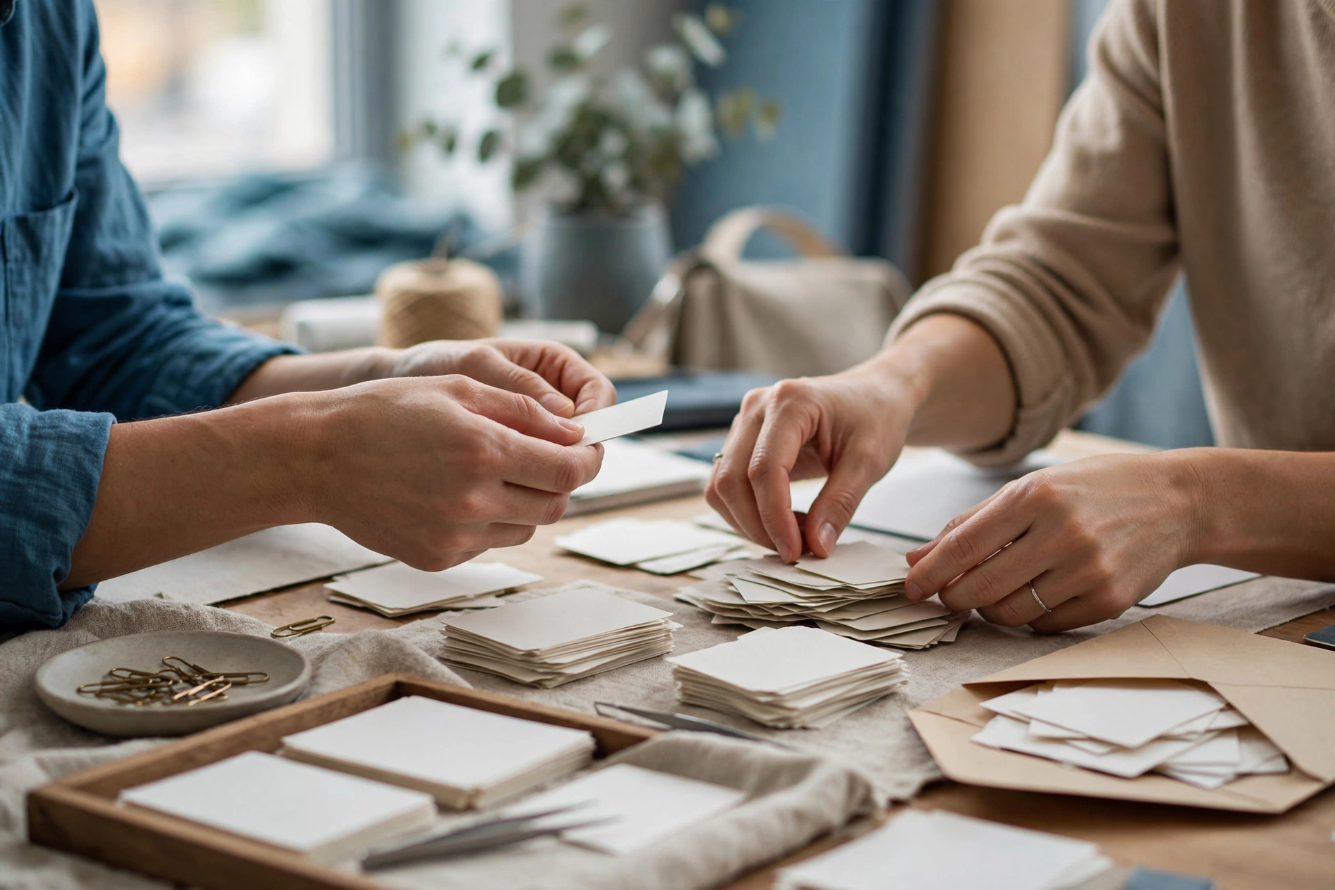 Two people's hands are visible as they sort through stacks of small white cards on a wooden table in a studio setting.