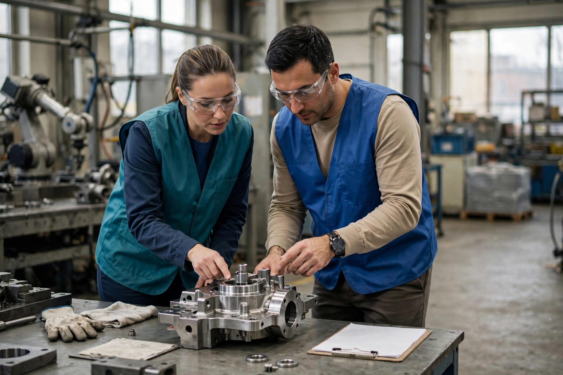 A woman and a man wearing safety glasses and vests inspect a metal component in a factory work cell.