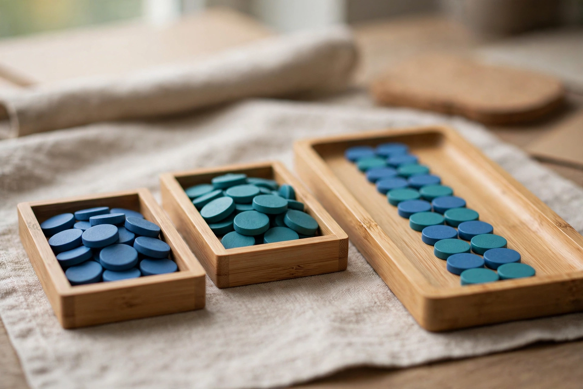 Three wooden trays with blue and teal tokens arranged to show integration, with two trays holding separate colors and one tray holding a combined sequence.