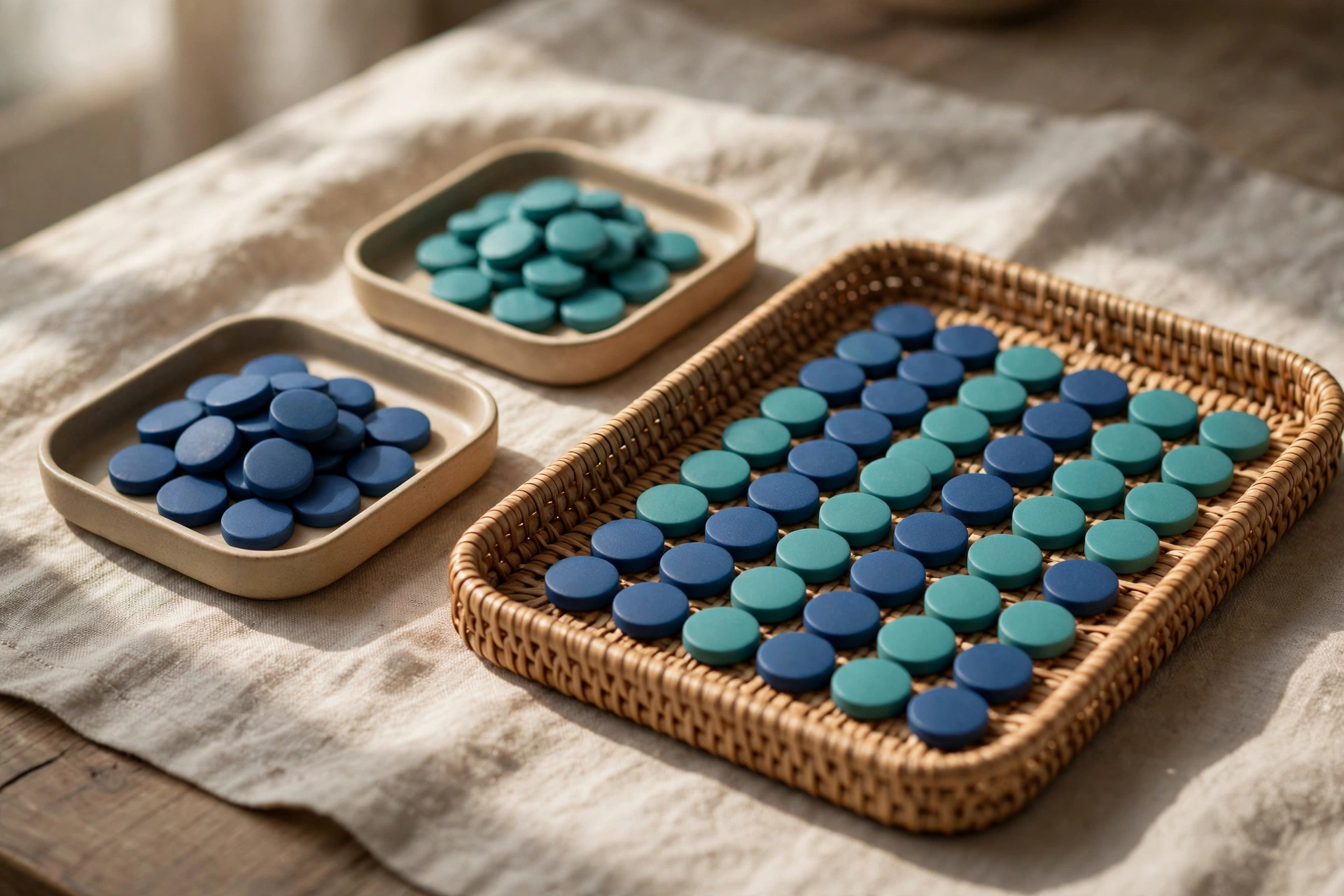 Two small trays of blue and teal tokens converge into a larger tray with a neat sequence of both colors.
